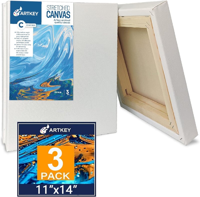 Artkey Gallery Wrapped Stretched Canvases for Painting 11x14 Inch 3-Pack, 16 oz Triple Primed Acid-Free 100% Cotton Blank Canvas, Rectangular Spline Canvas for Oil Paint Acrylics Pouring & Wet Art Media - Image 1
